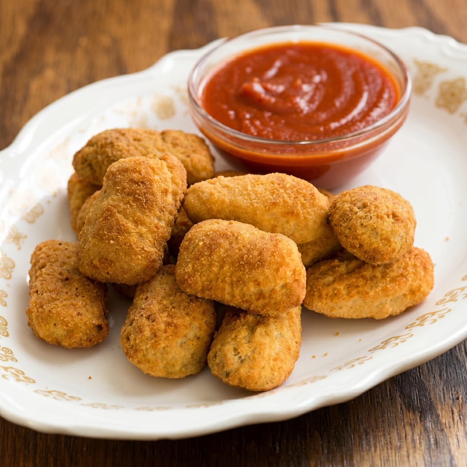 Golden-brown chicken nuggets on a white plate with a side of red dipping sauce in a glass bowl.