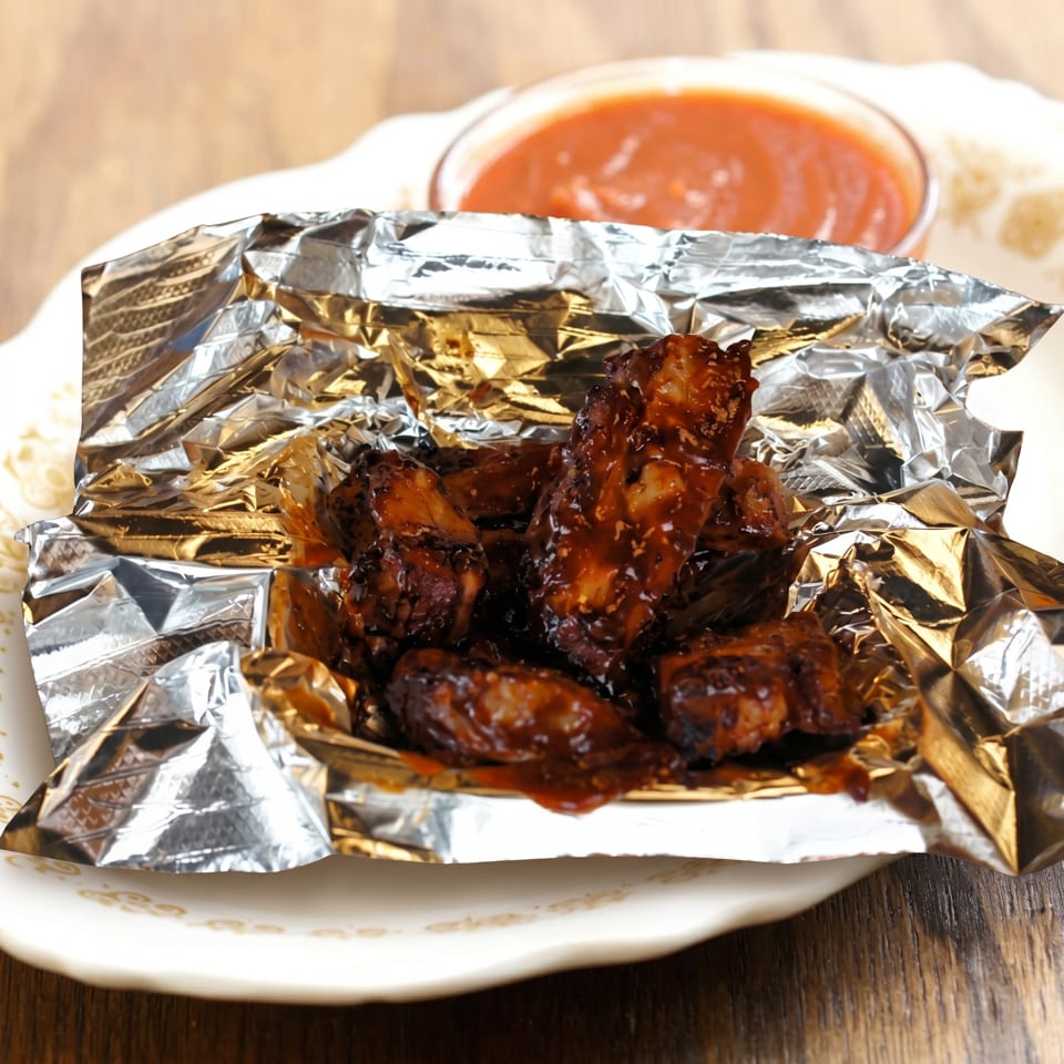 Sticky barbecue chicken wings in foil with a side of dipping sauce on a white plate.